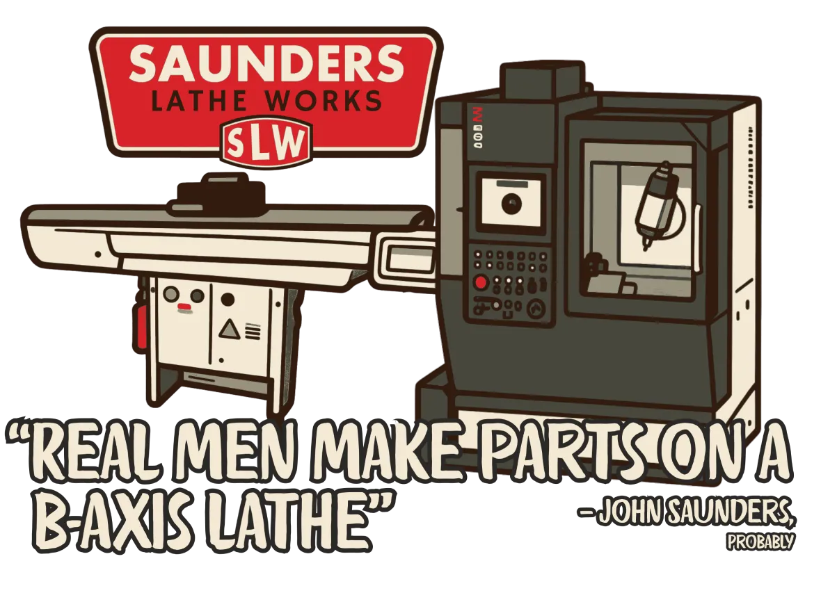 Shirt artwork: a CNC lathe under the Saunders Lathe Works badge, captioned “Real men make parts on a B-axis lathe” — John Saunders, probably